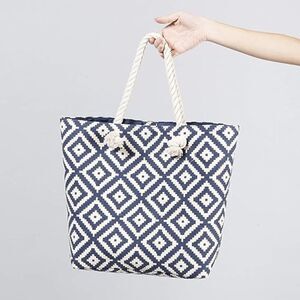 Summer & Rose Beach Tote Navy and Cream Diamond Pattern Rope Handles New